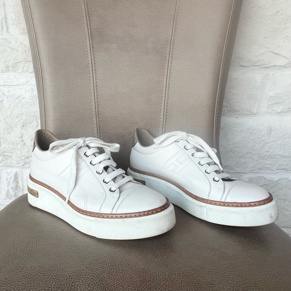 Hermes Polo White and Tan Platform Leather Sneakers Tennis Shoes 39